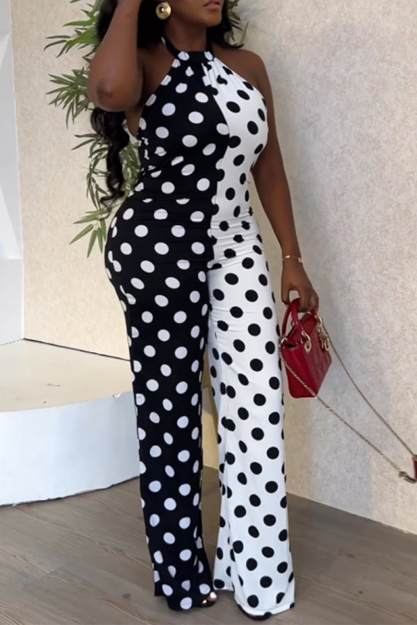 Purpdrank - Black Casual Sweet Daily Elegant Simplicity Dot Without Belt Contrast Halter Regular Jumpsuits