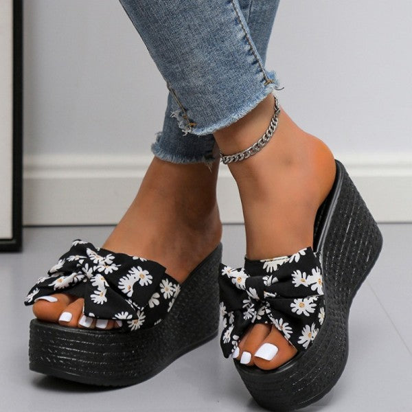 Purpdrank - Black Casual Patchwork Printing With Bow Round Wedges Shoes (Heel Height 3.15in)