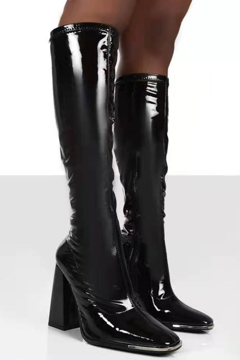 Purpdrank - Black Fashion Patchwork Solid Color Pointed Thick Heel High Heel Long Boots