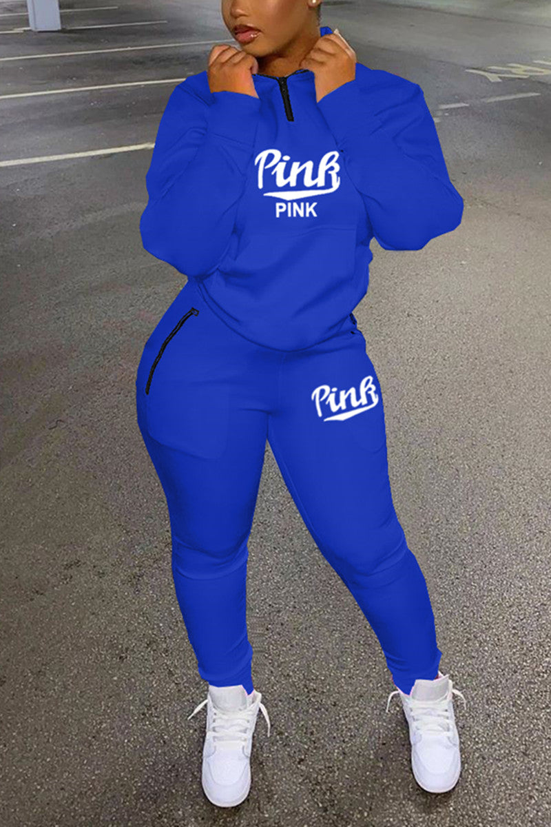 Purpdrank - Blue Fashion Sportswear Adult Letter Print O Neck Two Pieces