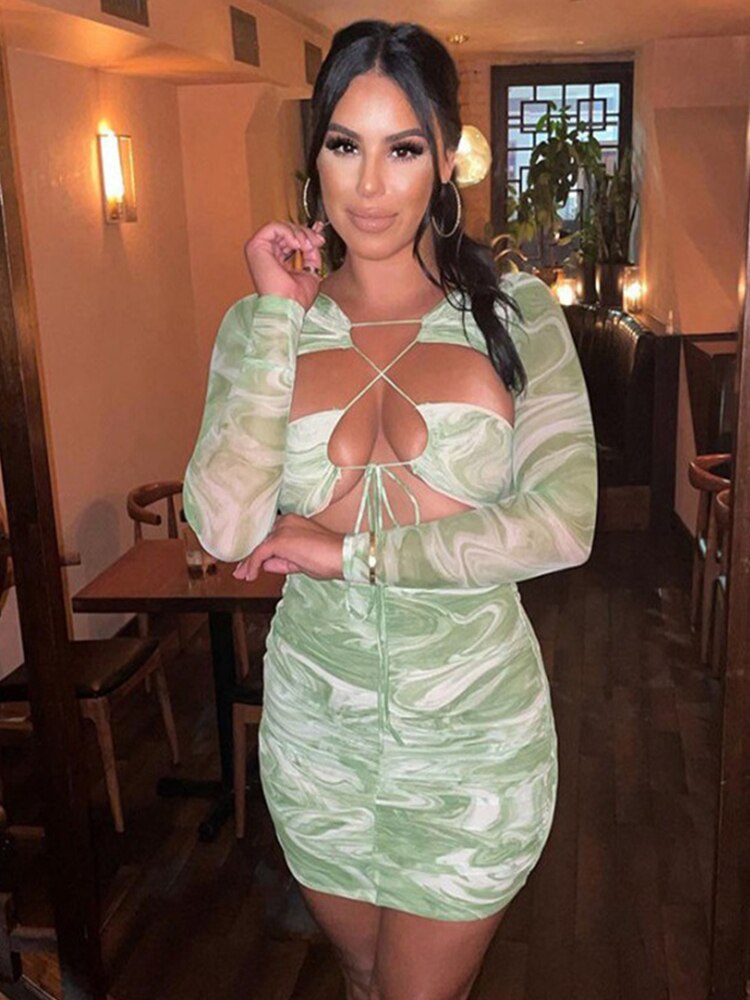 Purpdrank - 2023 Print Mini Dress For Woman Hollow Out Lace Up Long Sleeve Green Women Holiday Sexy Bodycon Fashion Autumn Marble Dresses