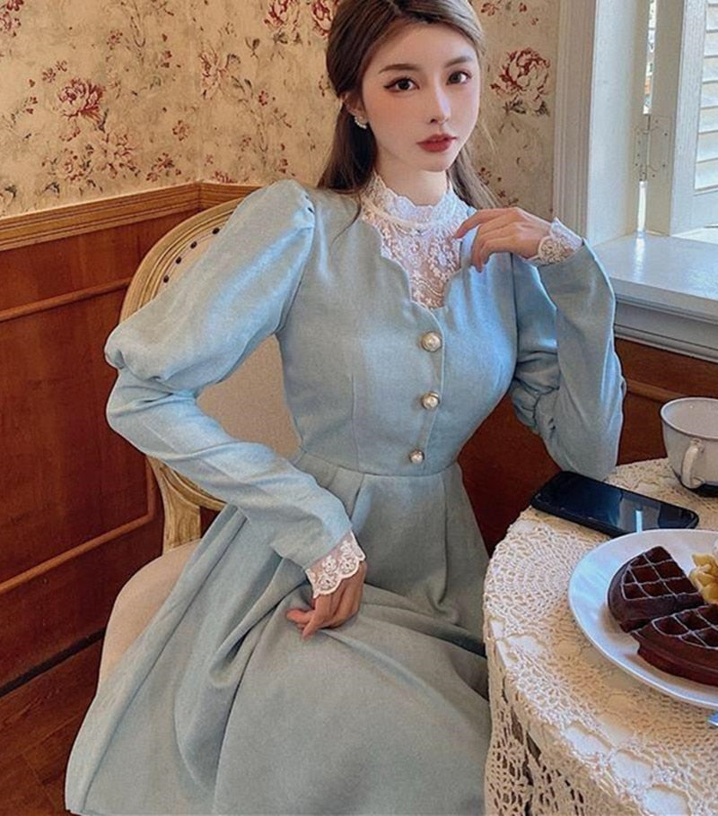 Purpdrank - Elegant Woman Blue Dress Vintage French Style Puff Sleeve Half High Collar Patchwork Lace Retro Princess Dresses Vestido Festa