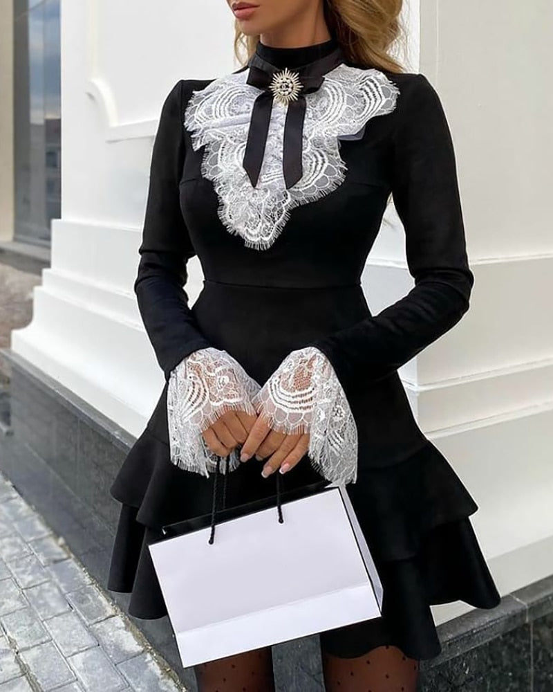 Purpdrank - 2023 Women Fashion Elegant Sexy Long Sleeve Lace Bell Sleeve Ruffle Dress OL Classic Romantic Patchwork Mini Dress