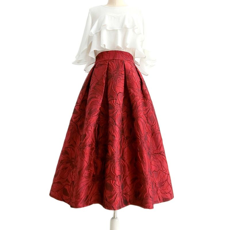 Purpdrank - 2023 Spring Autumn Trendy Korean Fashion Vintage Elegant Aesthetic Red Floral Print A-Line Midi Skirt for Rave Festival Party