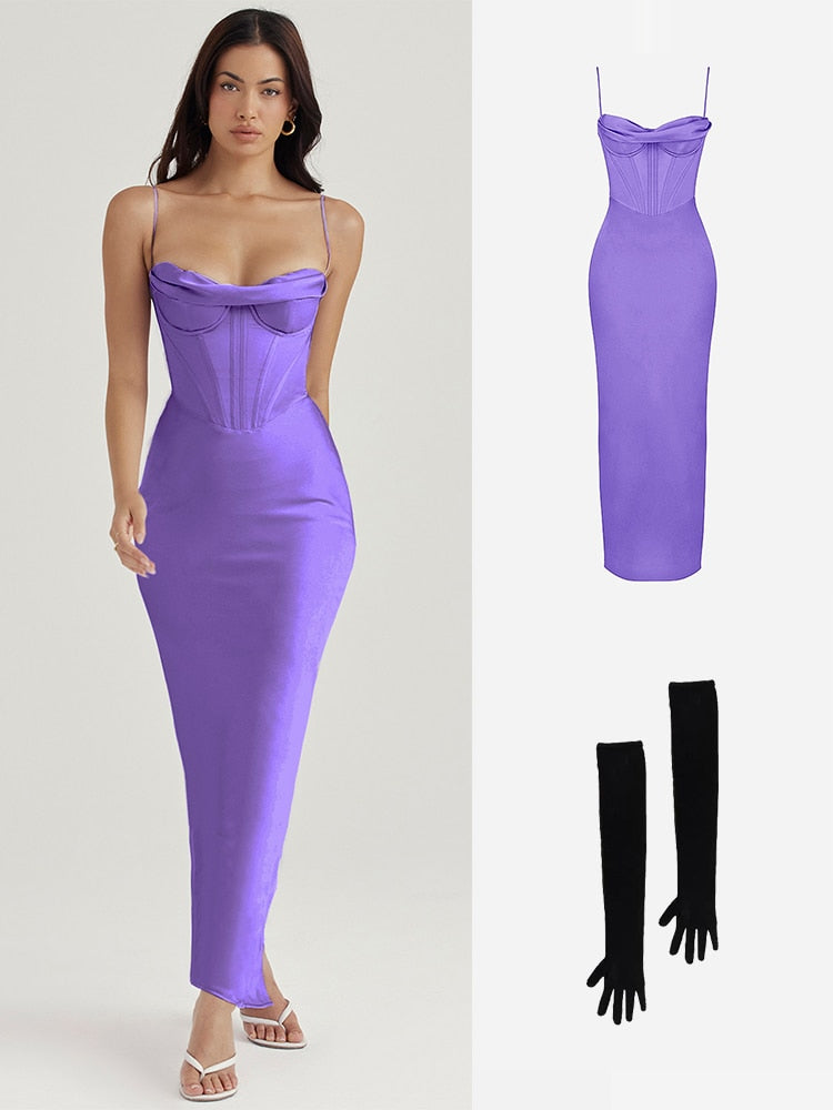 Purpdrank - Bodycon Satin Maxi Dress Sexy Long Prom Evening Party Dresses With Glove Purple V Neck Spaghetti Strap Dresses For Women