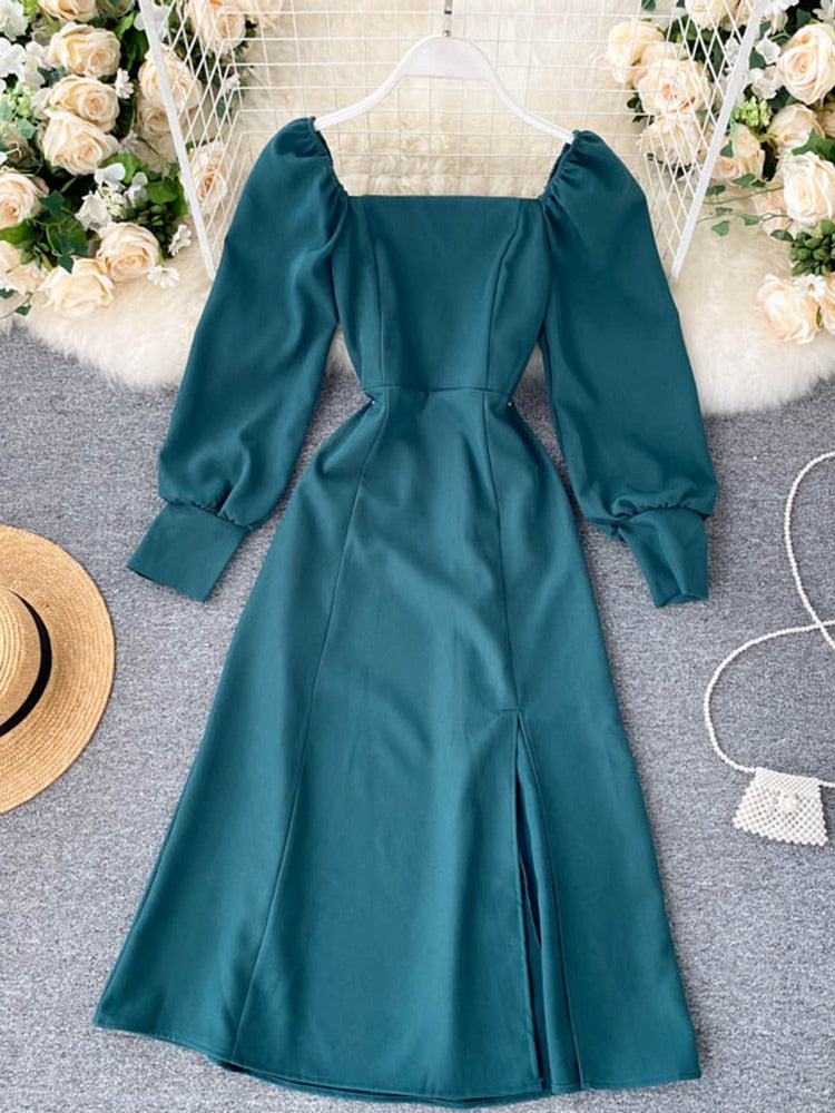 Purpdrank - 2023 spring fashion Women Autumn New Split Dress French Retro Square Collar Waist Hugging Slim Puff Sleeve Beading Midi Dress Female Vestidos