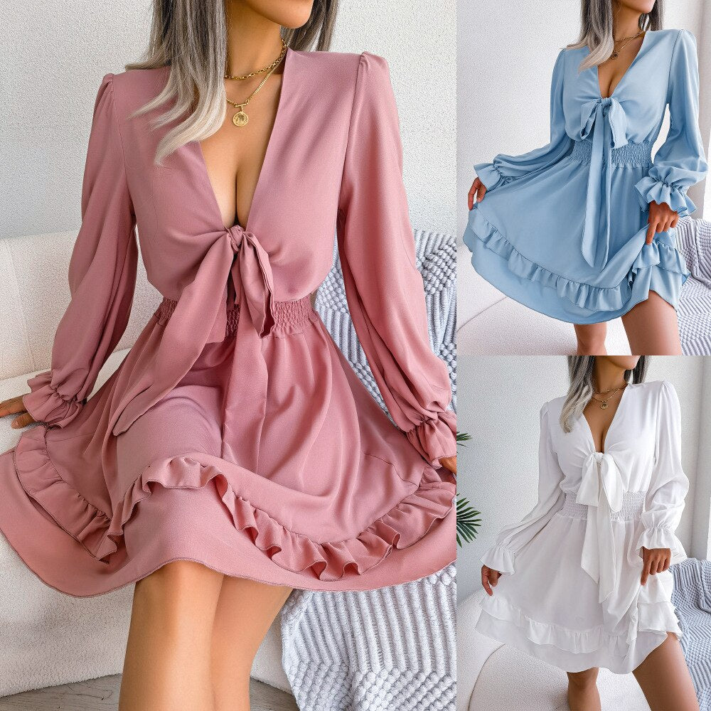 Purpdrank - Women Bow Ruffled Chiffon Dress Boho Elegant Korean Dresses Streetwear Long Flare Sleeves Spring A-Line Solid Vestidos