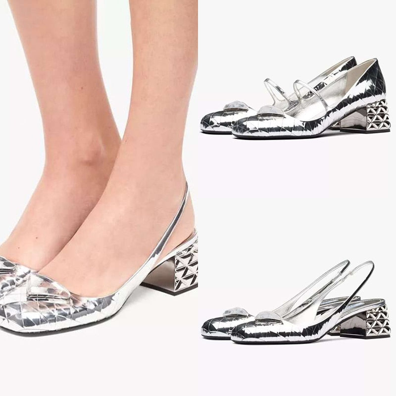 Purpdrank - 2023 Luxury Brand Designer Women Crystal Triangle Mary Janes Chic Metallic Silver Rhombic Leather High Heels Pumps Party Shoes