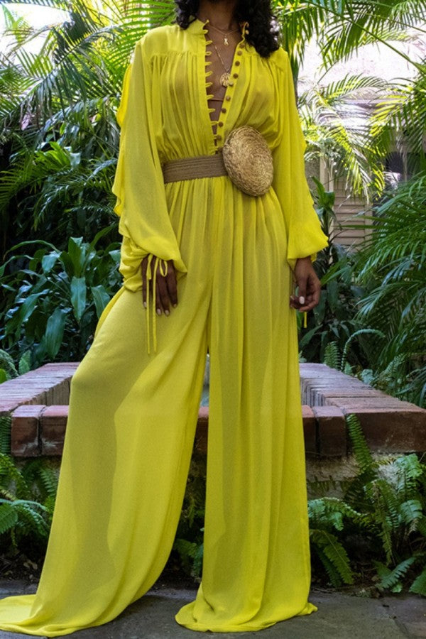 Purpdrank - Yellow Casual Solid See-through V Neck Regular Jumpsuits