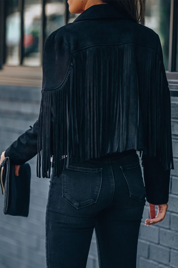 Purpdrank - Black Casual Solid Tassel Turndown Collar Outerwear