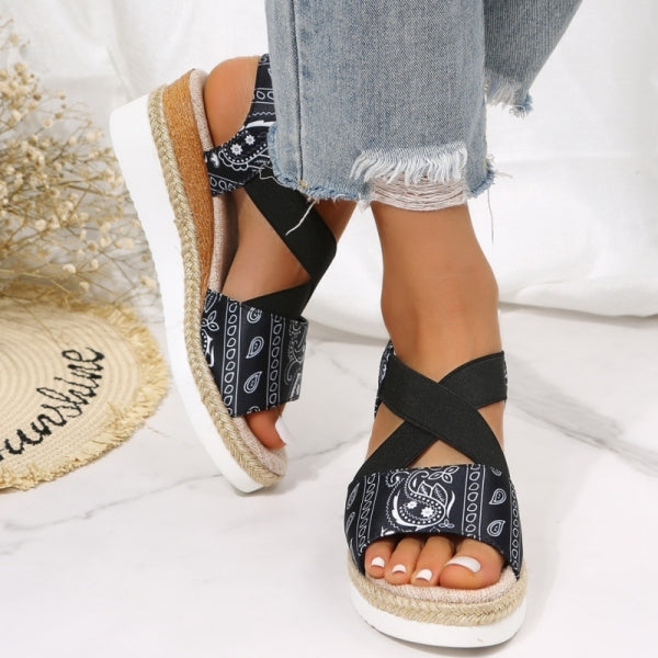 Purpdrank - Black Casual Patchwork Printing Round Comfortable Out Door Wedges Shoes (Heel Height 1.97in)