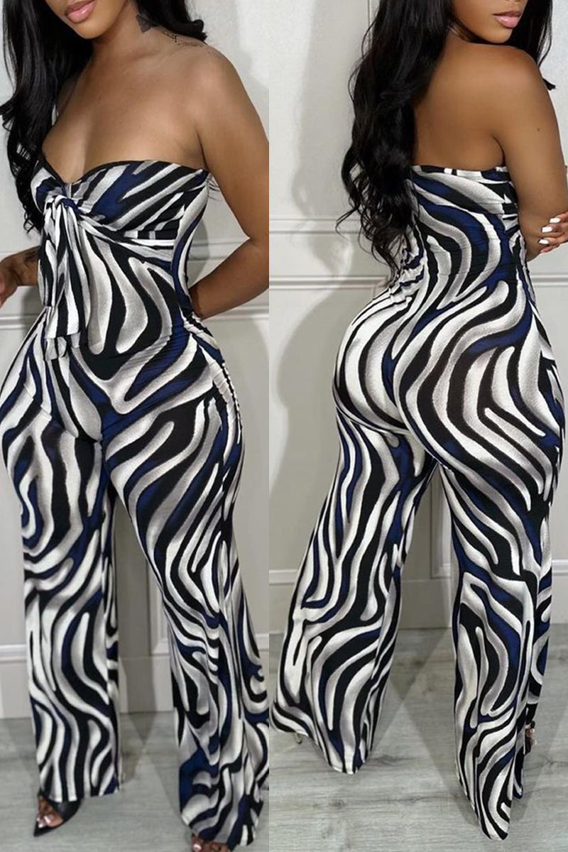 Purpdrank - Black White Sexy Casual Street Animal Print Print Bandage Printing Strapless Boot Cut Jumpsuits