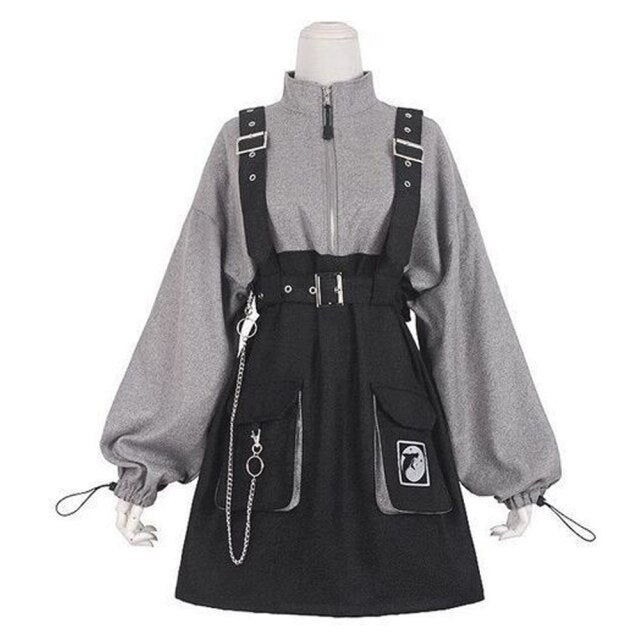 Purpdrank - 2023 Retro Vintage Women Gothic Girls Punk Mini Dresses High Waist Long Sleeve Hat Collar Sexy Gry Black Lolita Plus Size Jurken