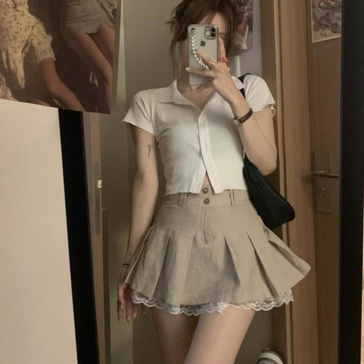 Purpdrank - New Women Summer New Fashion Elegant All-match Slim Crop Tops Female Pleated Lace Patchwork Skirts Leisure Ulzzang Fit
