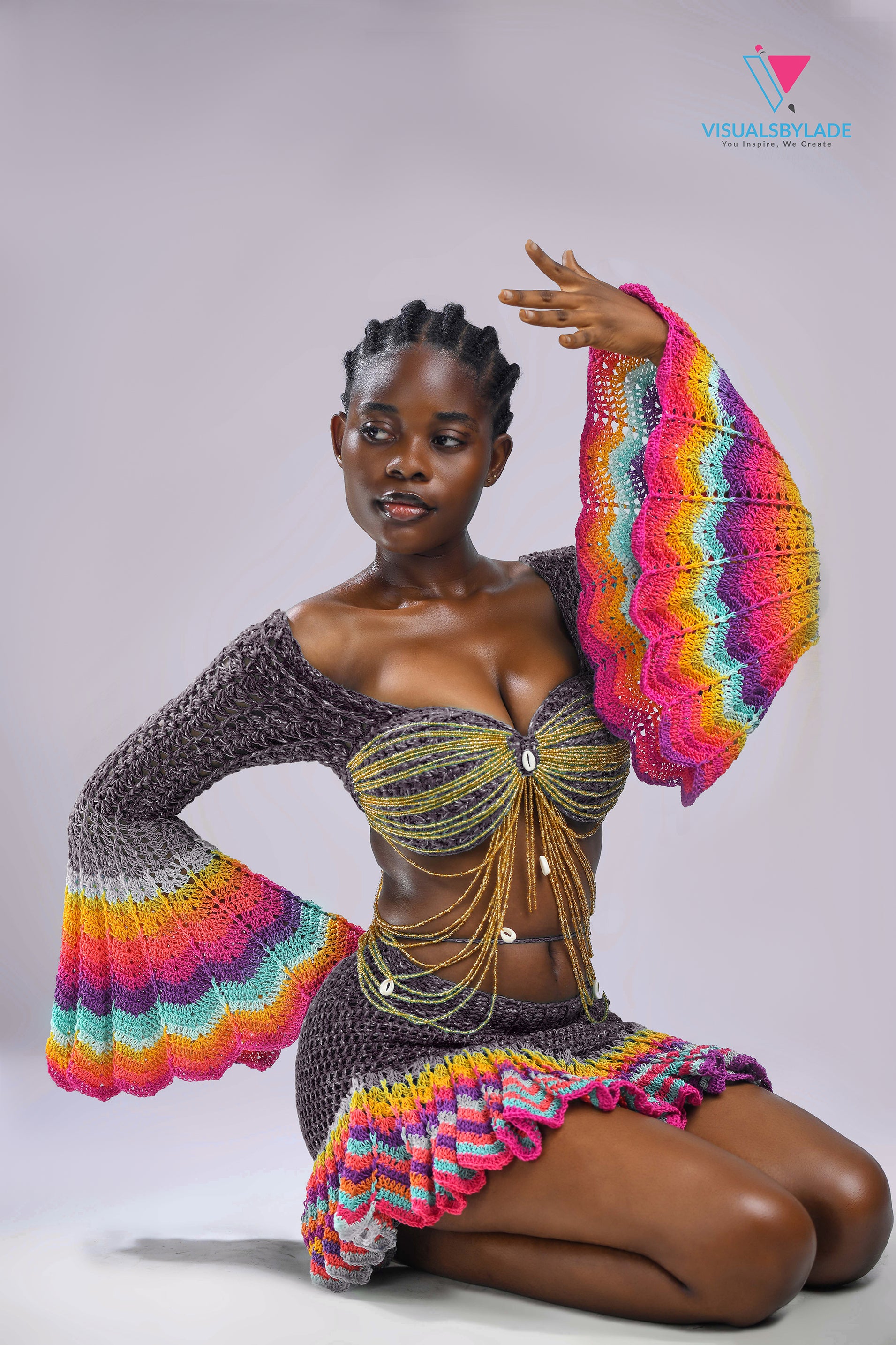 Matt Black 'Damilola' beaded crochet set (Top and Skort only)