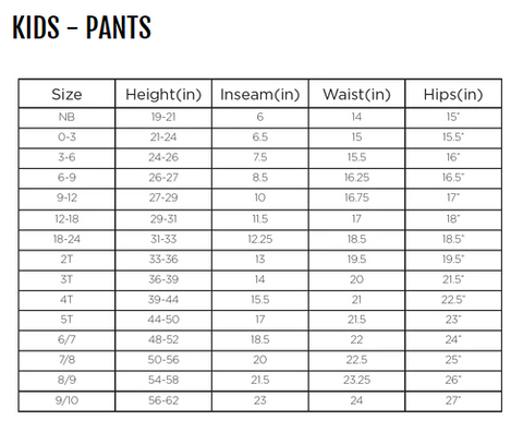 Sizing Tables – Solstice Kids