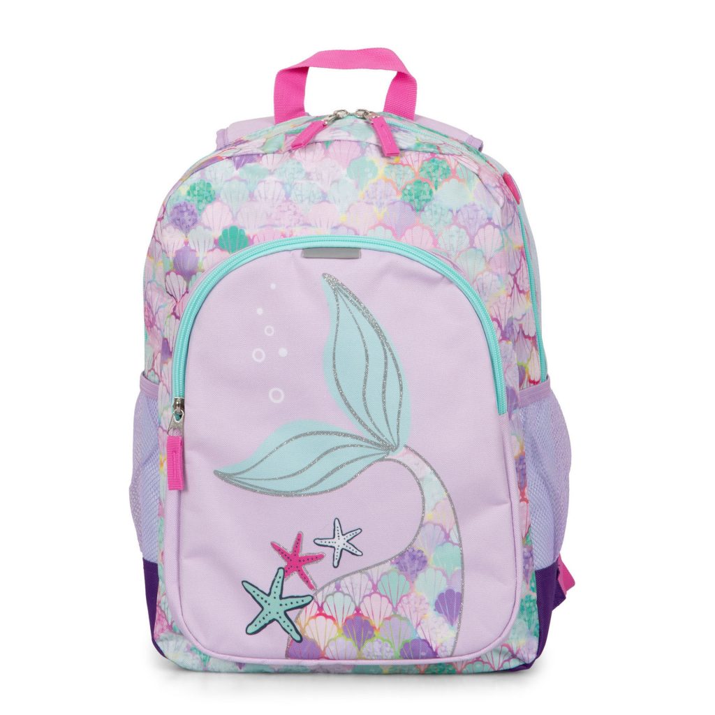 L'un des 5 meilleurs sacs à dos d'école pour enfants rose et bleu clair pour enfants appelé Mermaid and Hearts réversible conçu par Tracker, montrant sa poignée supérieure rose, ses glissières bleu clair et l'impression incroyable d'une queue de sirène.