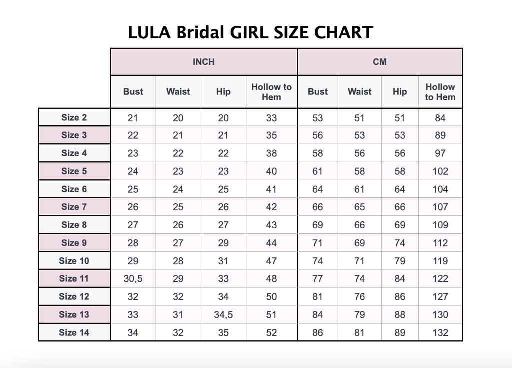 Tableau des tailles de robe pour fille