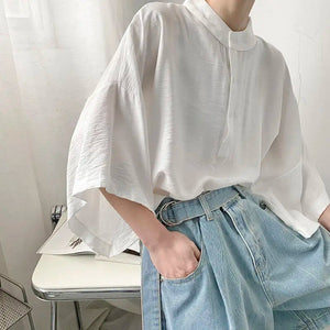 Summer Oversize Shirt Men's Fashion Black White Casual Shirt Men Streetwear Korean Loose Short Sleeve Shirts Mens Pullover Shirt - voguable