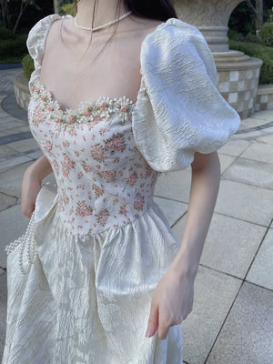 Voguable Summer French Vintage Floral Midi Dress Women Causal Slim Korean Fashion Dress Beach Short Sleeve Elegant Dress Office Lady - voguable