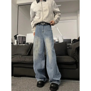 Men wear Loose Wide Leg Trousers Unisex low-rise jeans Men's Denim Pants Old Blue Washed Male Jeans Straight Patchwork mop pants - voguable