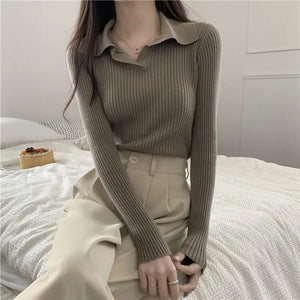 Autumn Winter Women Lapel Pullover Sweaters Basic Long Sleeve Knitted Sweater for Woman Solid Color Jersey Tops Clothes Mujer - voguable