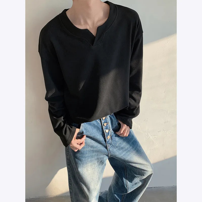 Autumn Long Sleeved T-shirt Men Fashion V-neck Pullover T Shirt Men Streetwear Korean Loose Pullover T Shirt Mens Top M-3XL