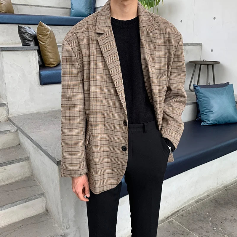 Voguable Plaid Blazer Men Oversized Fashion Society Men Dress Jacket Korean Loose Casual Suit Jacket Men Office Formal Jackets M-2XL