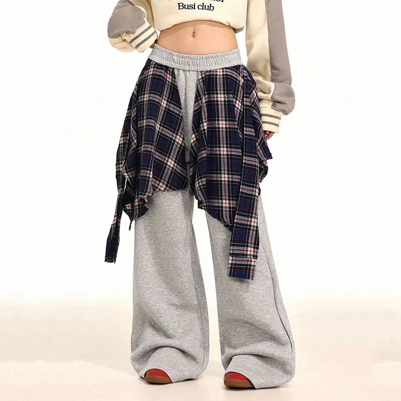 American Trend Plaid Patchwork Skirt Hem Sweatpants Autumn Women Elastic High Waist Fashion Loose Wide Leg Floor Length Trouser