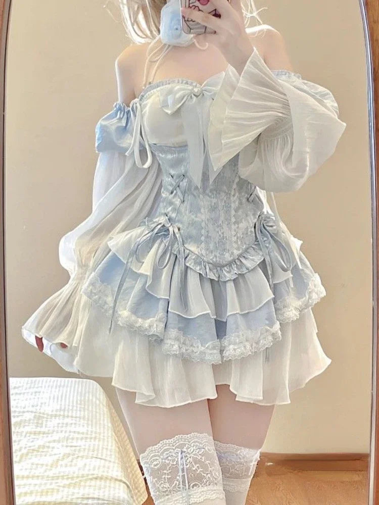 Voguable 2024 Summer Blue Lolita Clothing Suit Slim Vest + Kawaii Y2k Mini Dress Elegant Short Party Dress Japanese Style Fashion Suit
