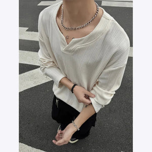 Spring Long Sleeved T-shirt Men Fashion Casual V-neck T Shirt Men Streetwear Korean Loose Pleated T Shirt Mens Top M-3XL - voguable