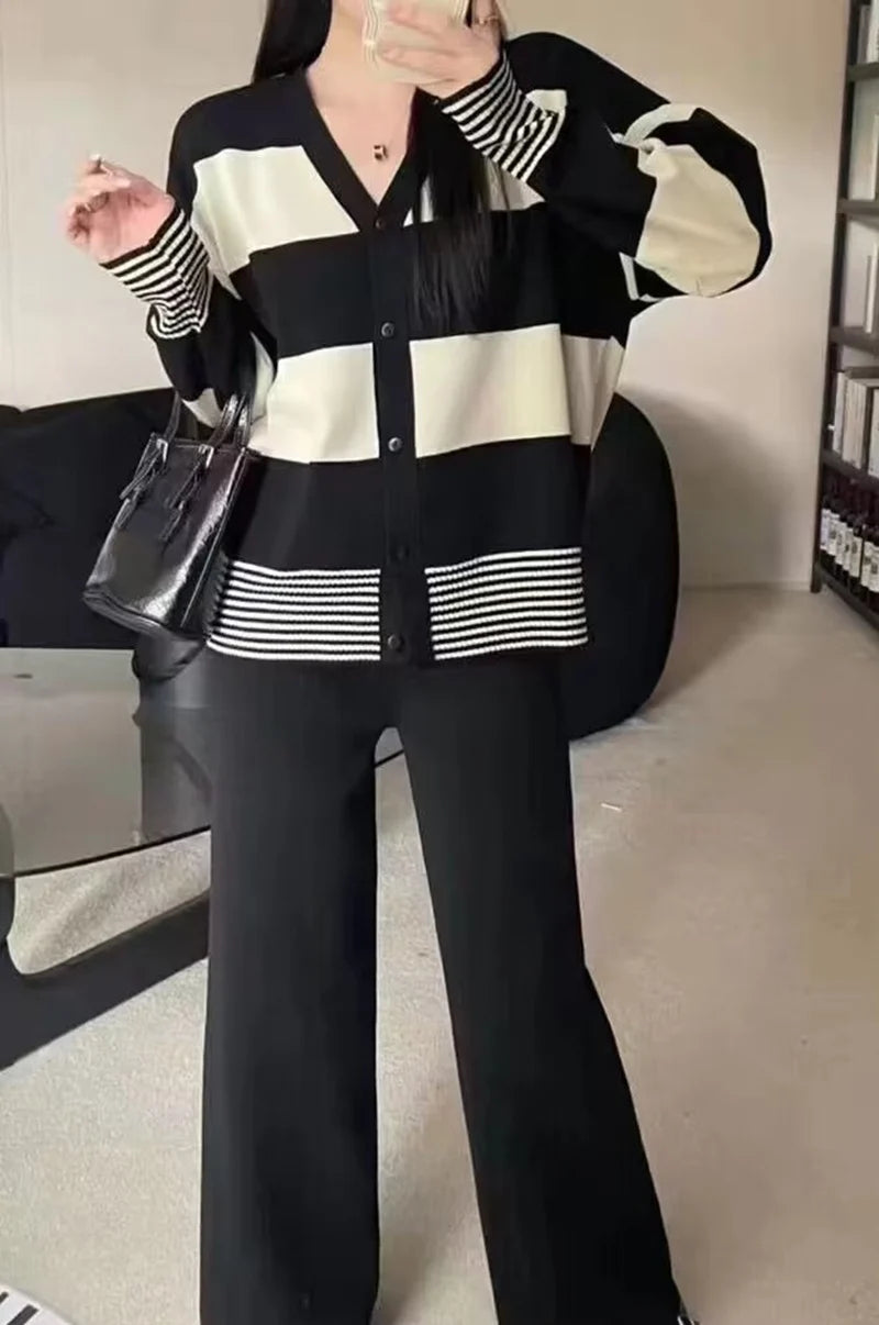 Spring New Women Sweater Set Casual Cardigans Suits Winter Knitted Loose Long Sleeve Striped Patchwork Tops Wide Leg Pants