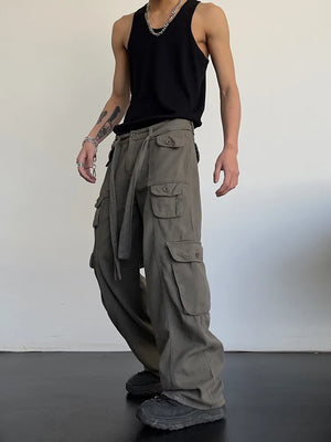 High street retro casual large pocket overalls men's and women's new summer high waist loose straight tube draped wide leg pants - voguable