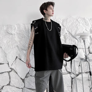 Voguable Stylish High Street Original Sleeveless T-shirts Men's 2024 Summer New Trendy Metal Buckle Decorate Male Vets Tops - voguable