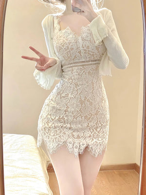 Voguable  Autumn Elegant Lace Clothing Suit Woman Korean Fashion 2 Piece Set Slim Y2k Mini Dress + Casual Short Cardigan Office Lady - voguable