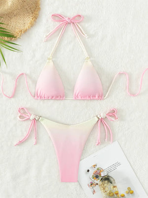 Voguable Sexy Micro Bikini 2024 Women Pink Gradient Push Up Bikinis Sets Biquini Ribbed Bathing Suit Tie Side Triangle Swimwear Beachwear - voguable