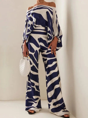 Women Print Satin Outfit Lantern Sleeve Off Shoulder Long Sleeve Blouse Office Lady 2 Piece Sets New Casual Wide Leg Pants Suits - voguable