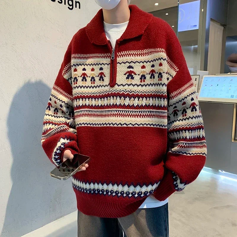 New Year Striped Christmas Sweaters Men Lapel Zipper Pullover Women Autumn Winter Loose Niche Couple Knitted Sweater Coat