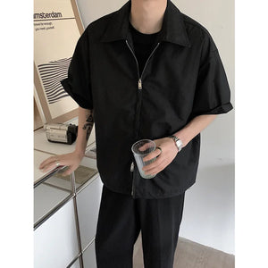 Voguable Summer Short Sleeved Shirt Men Fashion Oversized Zip Shirt Men Korean Loose Black White Dres Shirts Men Ice Silk Shirt M-2XL - voguable