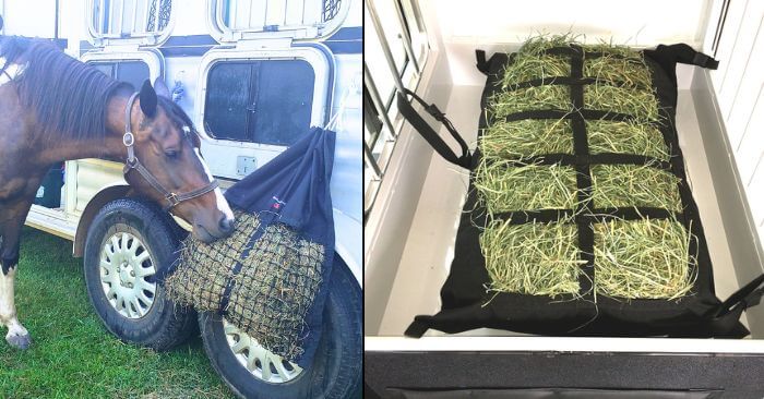 Two images. Image on left is a Bay horse tied to horse trailer eating from a Hanging Hay Pillow slow feed hay bag. Image on right is a Manger Hay Pillow secured in a horse trailer manger.