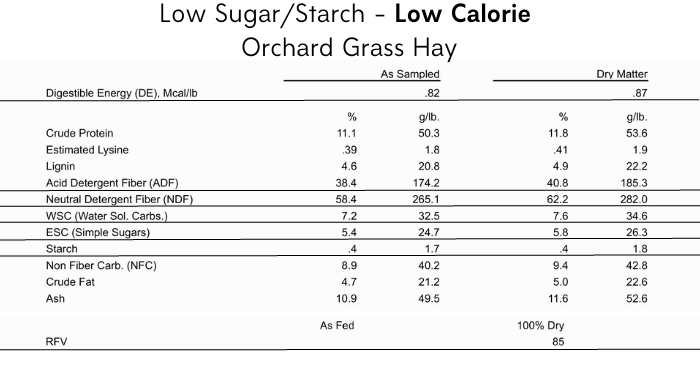 Hay analysis of low calorie - low sugar starch orchard grass hay hay