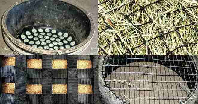 Horse slow feeder options presented side by side: hard-sided with different grate types, webbing, and netting.