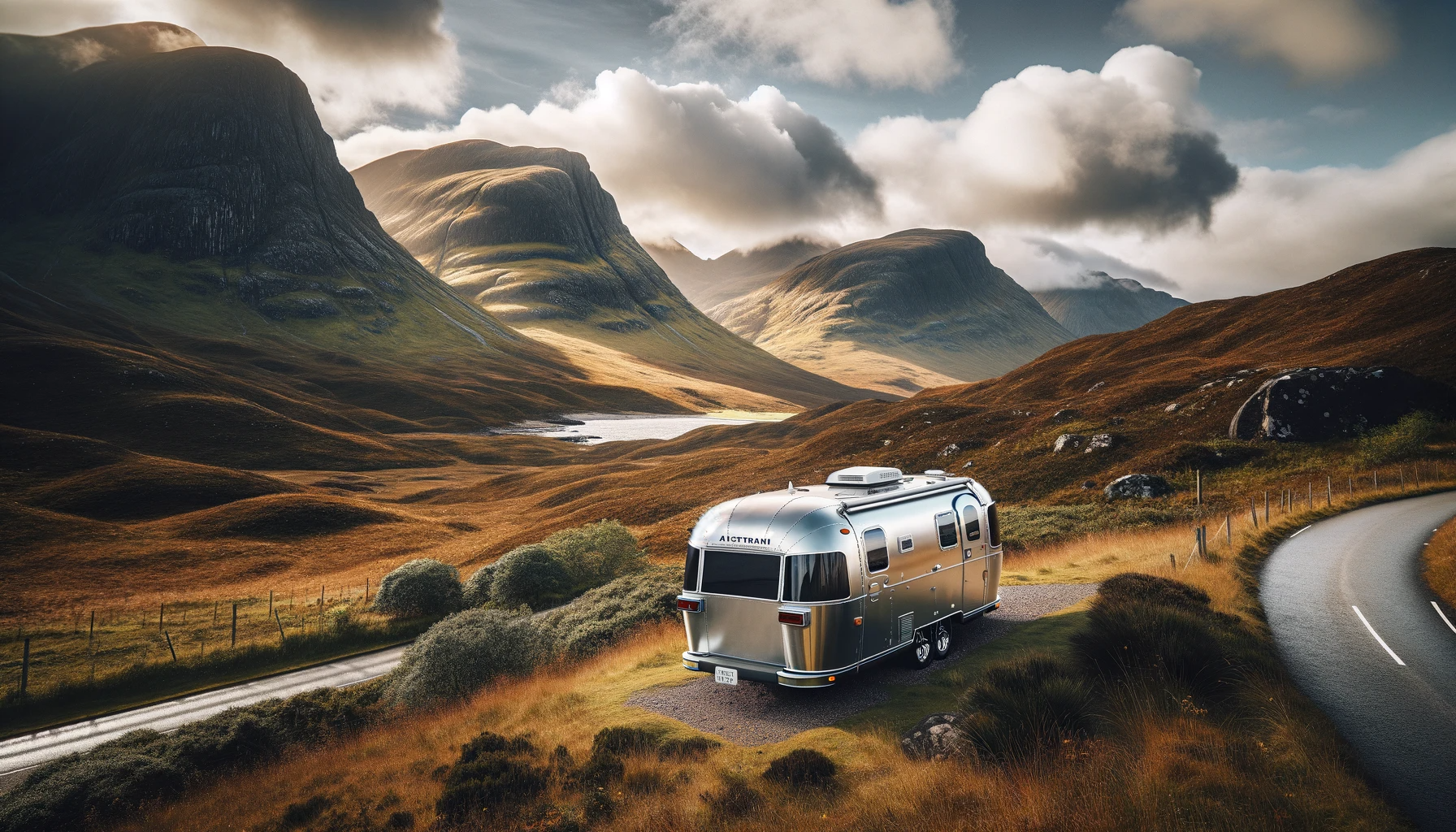 A scenic image of an Airstream caravan parked in the picturesque Scottish Highlands, showcasing the dramatic landscape and the caravan's sleek design.