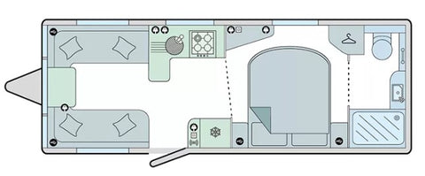 A detailed floorplan of a caravan, highlighting the unique island-shaped double bed designed to accommodate a custom-sized double mattress, showcasing the importance of considering various bed shapes and sizes when selecting a caravan double mattress.