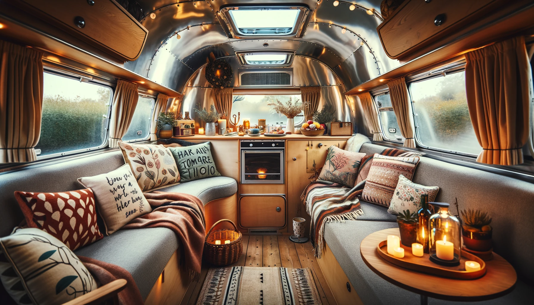 An inviting image of a cosy Airstream caravan interior, beautifully styled with vintage-inspired decor and modern comforts.