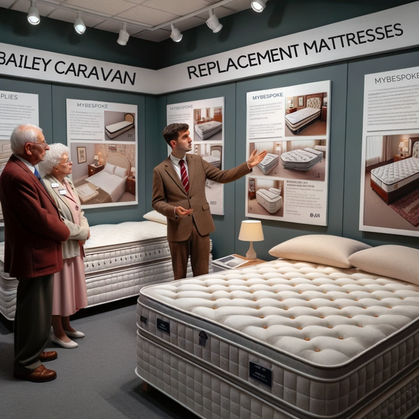 Photo of a well-lit showroom focusing on a section labeled 'Bailey Caravan Replacement Mattresses'. Displayed are various mattress samples, each with detailed tags explaining their features. A sales representative of white English descent is discussing the qualities of the Bailey mattresses with a white English family, pointing out the unique characteristics. Informational boards nearby provide close-up views of the mattress materials and intricate stitching.