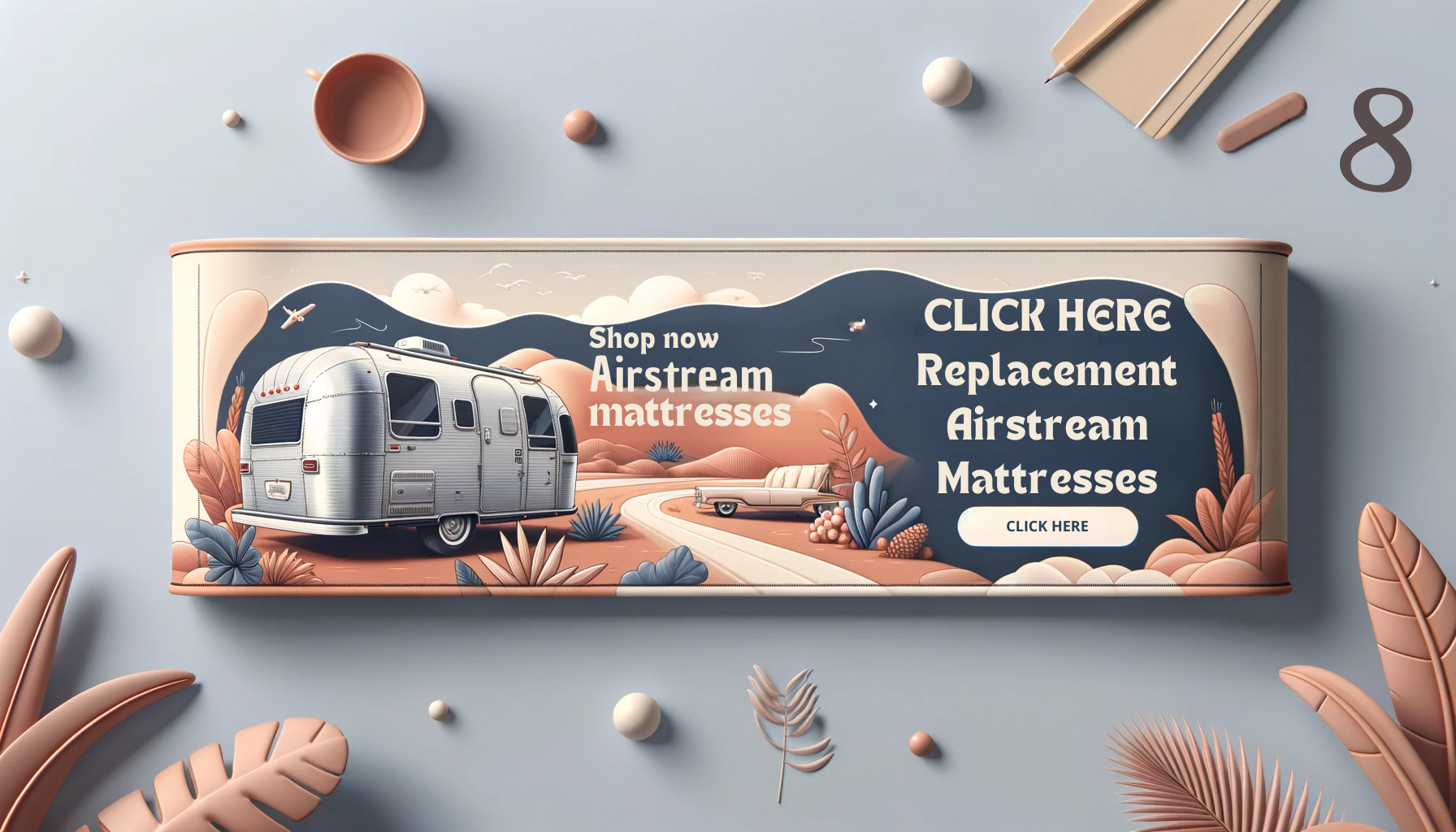 A long and thin banner for a blog page, designed with the text 'Click Here to Shop Replacement Airstream Mattresses