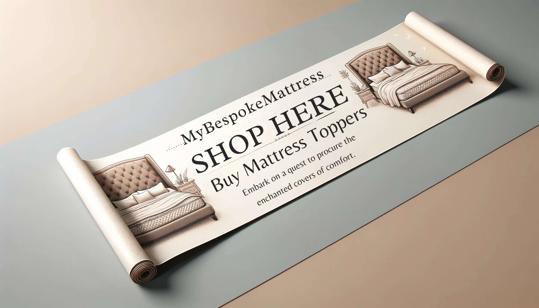 A long and thin banner, landscape orientation, designed with the text 'Shop Here - Buy Mattress Toppers'.