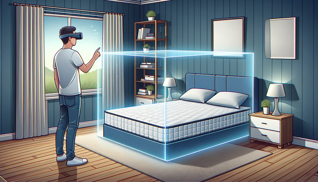 16:9 vector illustration of a person using augmented reality glasses to visualize a mattress in their bedroom, with a digital overlay of the mattress fitting perfectly next to their existing bed.