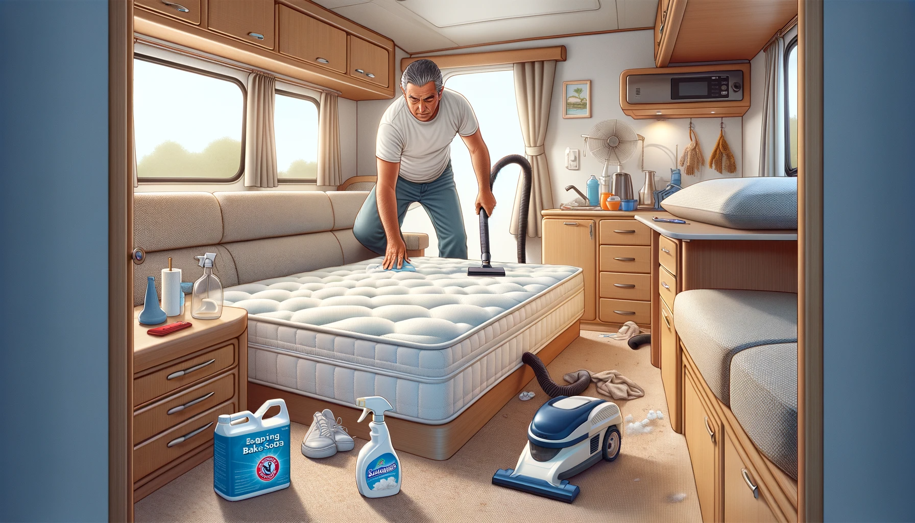 The visual illustrates a person in a caravan setting, engaged in maintenance tasks to keep the mattress topper clean and hygienic, emphasizing the importance of routine care for a comfortable travel experience.